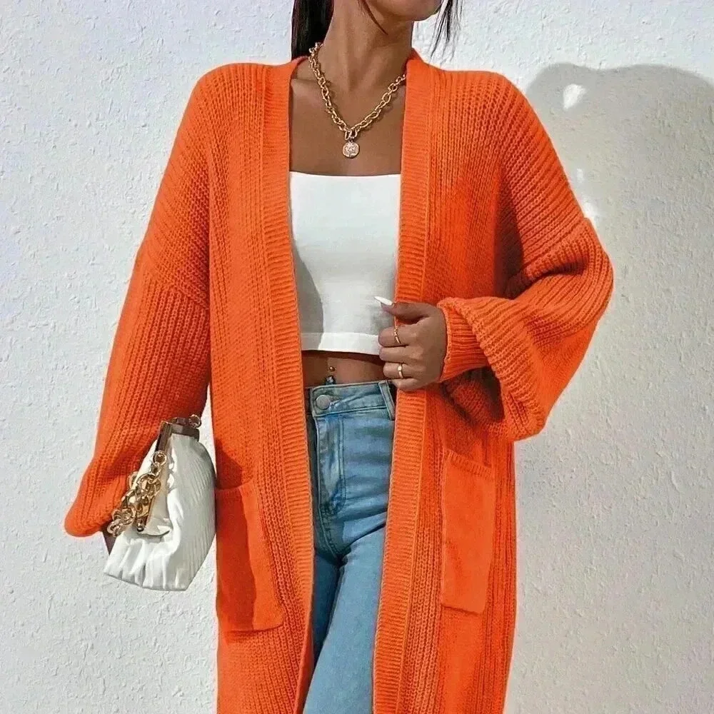 Orange Casual Women's Dual Pocket Drop Shoulder Duster Cardigan